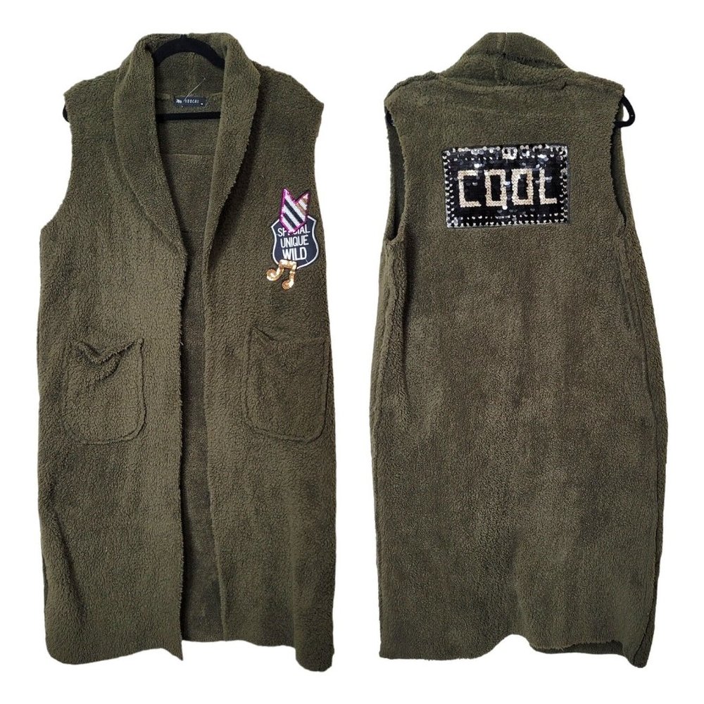 SOUCHI Olive Green Long Sherpa Knit Vest with patches Size Medium
